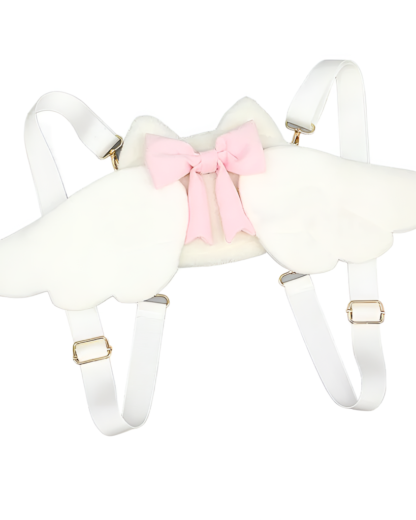 White Angel and Demon Wings Backpack with pink bow and straps.