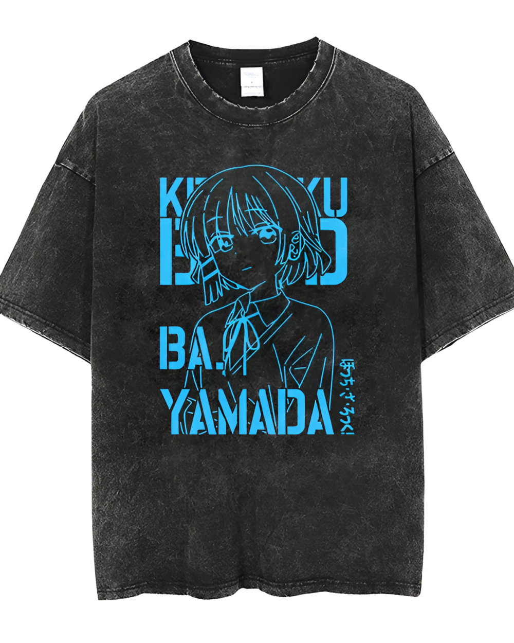 Black cotton t-shirt featuring a blue anime-style graphic. This is a Bocchi shirt from the Anti-Social Club Bocchi Collection.