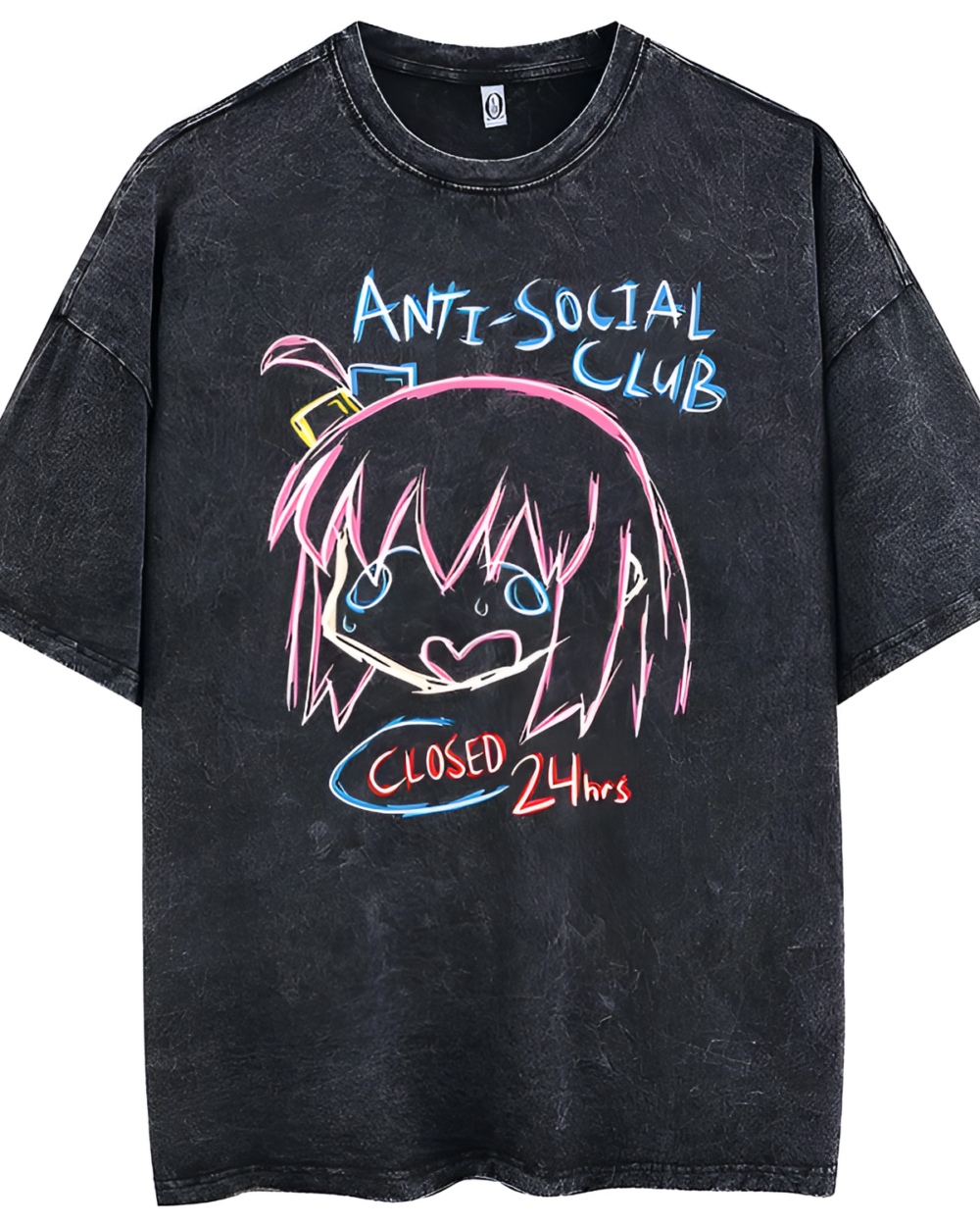 Anti-Social Club T-Shirt featuring Bocchi character graphic. Distressed black cotton Bocchi shirt with pink and blue design.