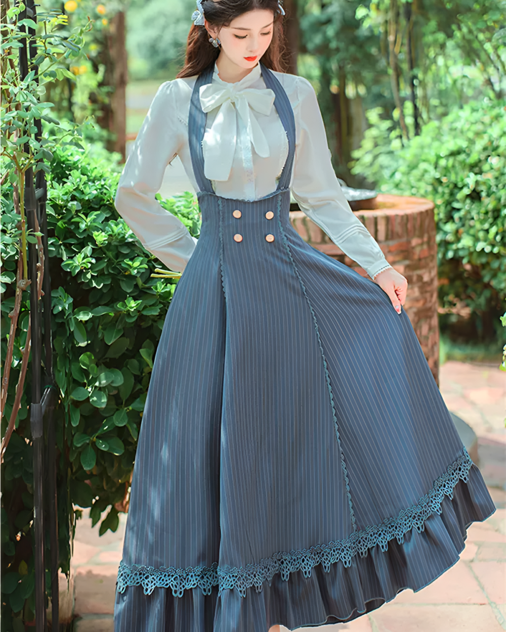 Woman wearing Archive Pinstripe Pinafore Set with an academia aesthetic. Blue & white pinstripe dress and blouse.