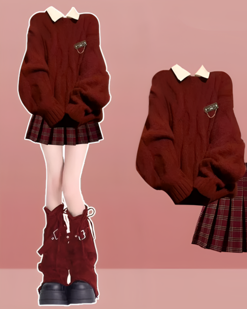 Autumn Red Set, a fashionable preppy aesthetic set with a burgundy knitted sweater and plaid skirt. Ideal for a classic, stylish look.