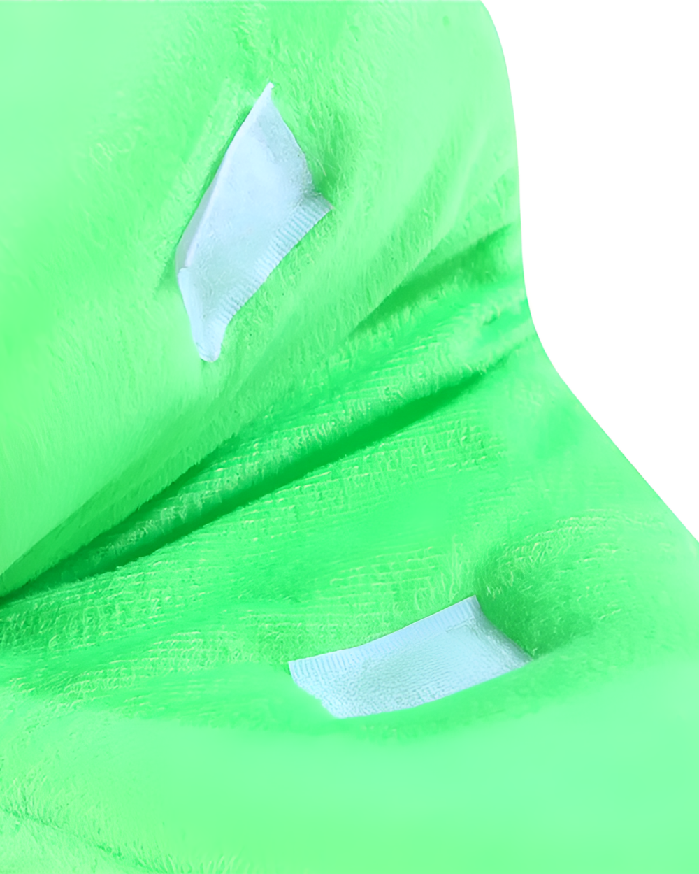 Close-up of a green Banana Cat Bed with velcro fasteners.