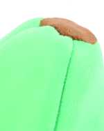 Close-up of a green plush Banana Cat Bed, featuring a brown textured top.