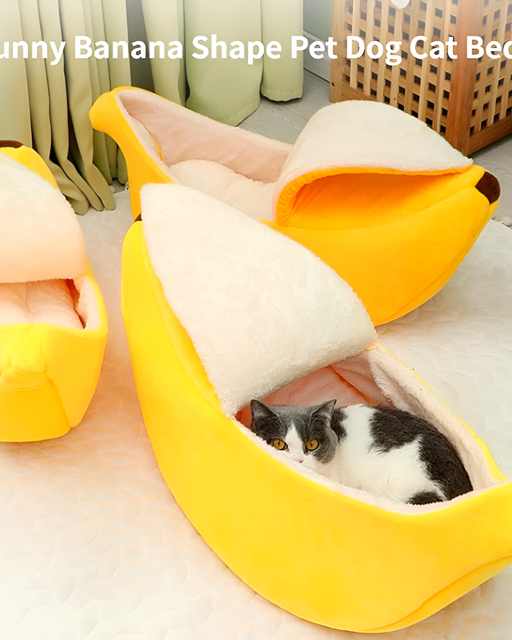 Yellow cute cat beds shaped like a banana, featuring a cat inside.