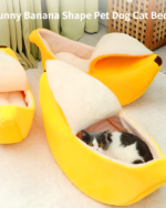 Yellow cute cat beds shaped like a banana, featuring a cat inside.