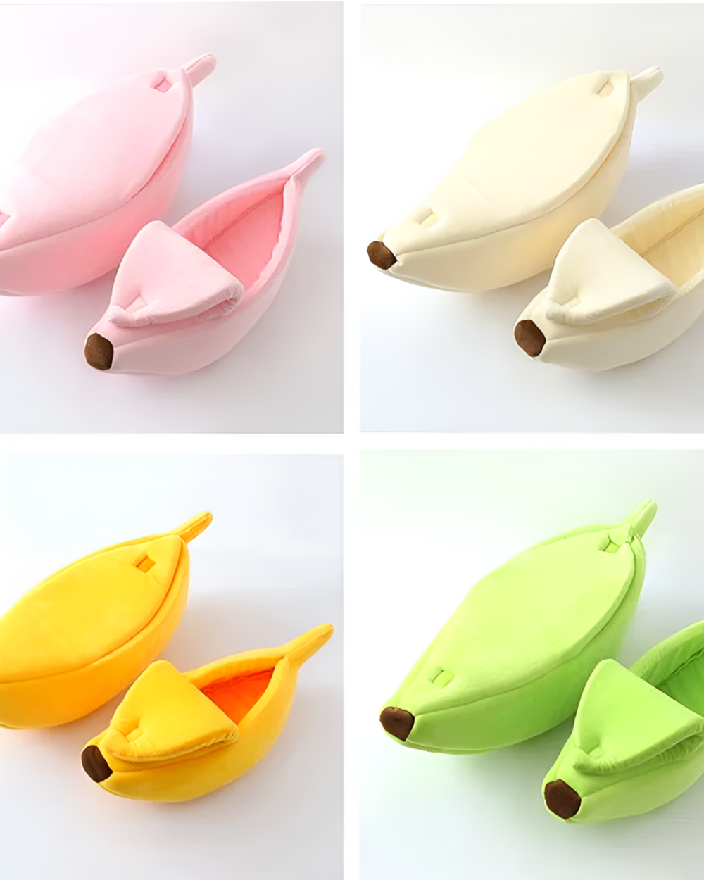 Set of cute cat beds shaped like bananas in pink, yellow, and green.