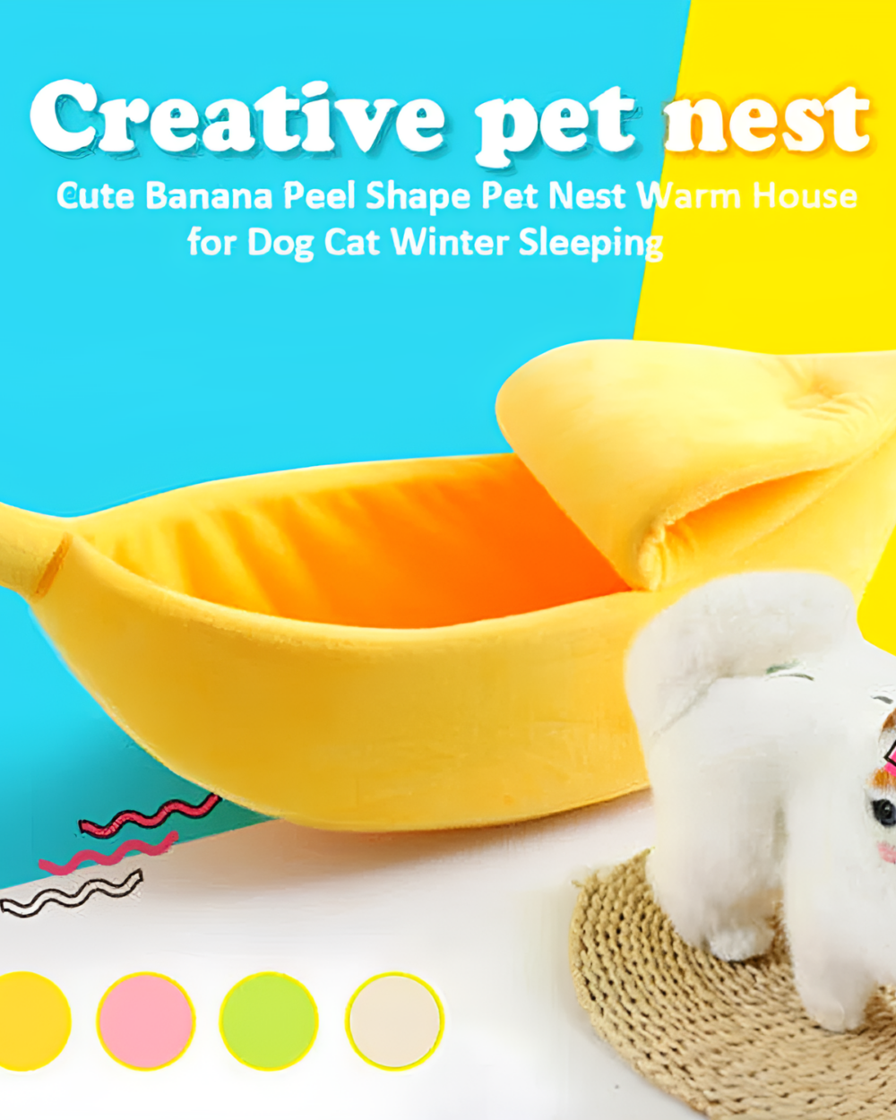 Cute Banana Cat Bed, a plush, banana-shaped pet nest for cats and small dogs.