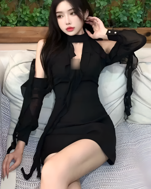 Black Coquette Dress, a black, hollowed-out dress with long sleeves and a choker neckline.