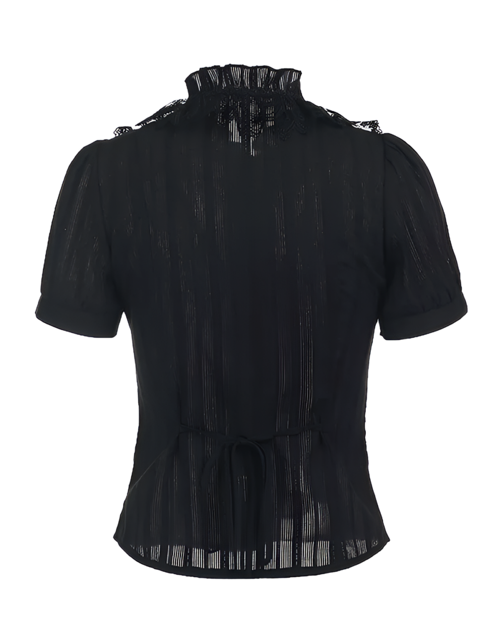 Black ruffled blouse with gothic aesthetic detailing, short sleeves, and a high neck.