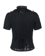 Black ruffled blouse with gothic aesthetic detailing, short sleeves, and a high neck.