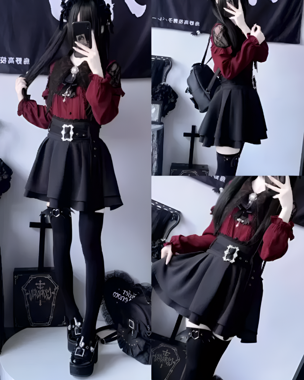 Model wearing the Bloodmoon Corset Coord with a Jirai Kei aesthetic. Red top, black skirt & platform boots.