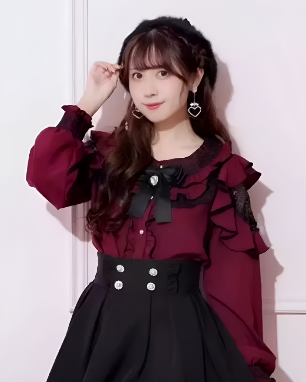 Model wearing the Bloodmoon Corset Coord, showcasing a dark and romantic Jirai Kei aesthetic with a maroon blouse and black skirt.