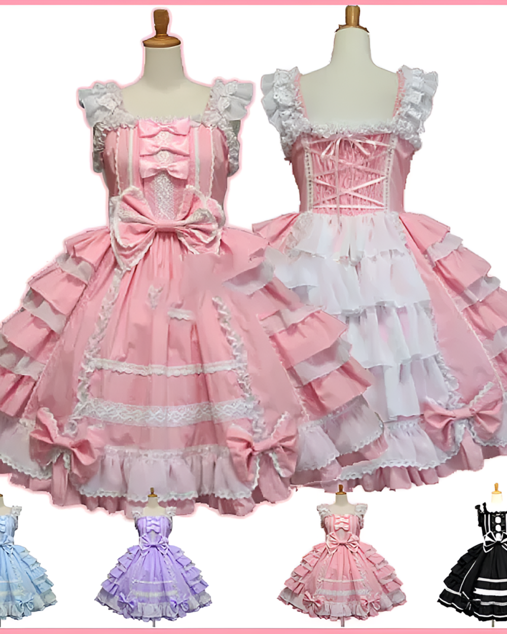 Pink and white Hime Lolita dress with ruffled details and a large bow. Available in various colors.