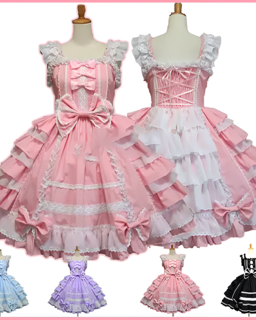 Pink and white Hime Lolita dress with ruffled details and a large bow. Available in various colors.