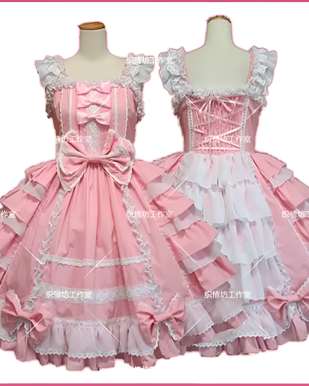 Two pink and white Bloom Princess JSK dresses, a Hime Lolita dress style with lace and ribbon details.