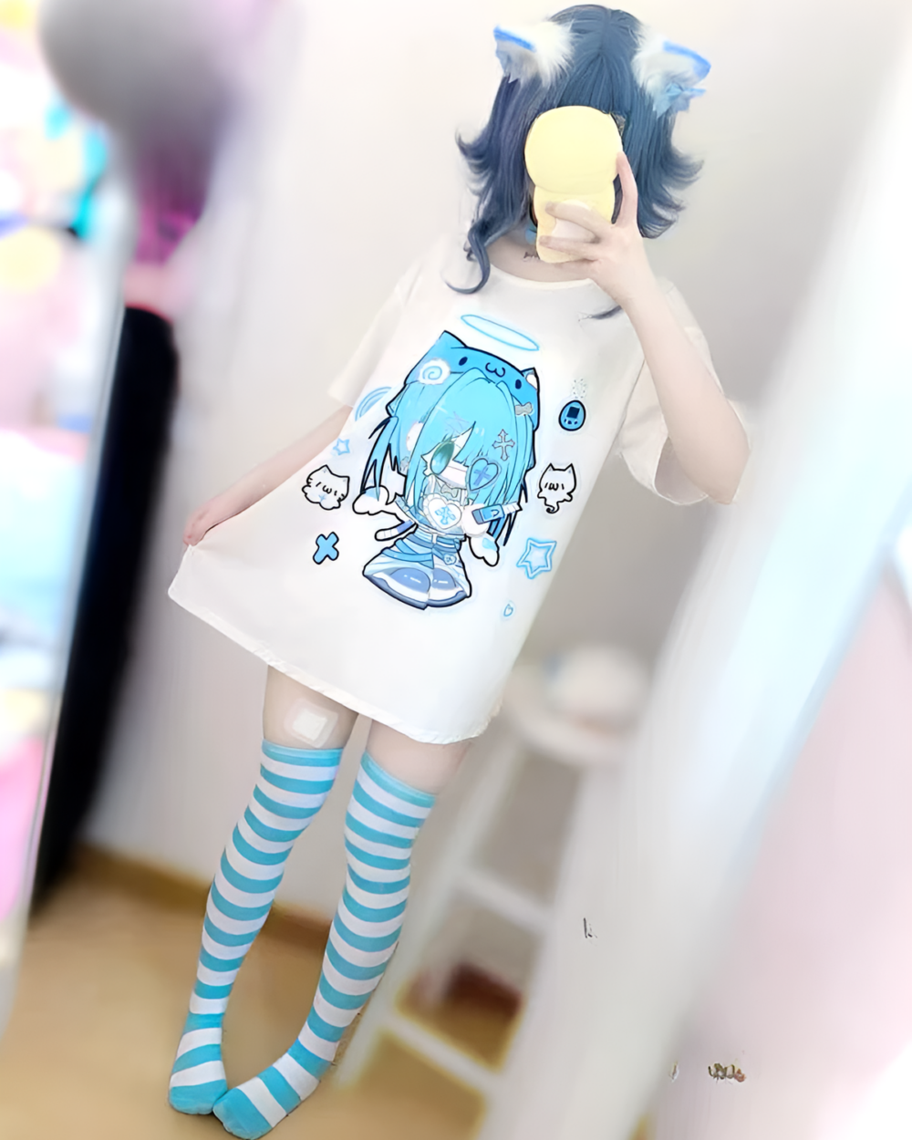 Blue Cat Girl T-Shirt featuring a kawaii character design, with blue striped socks and angel wings.