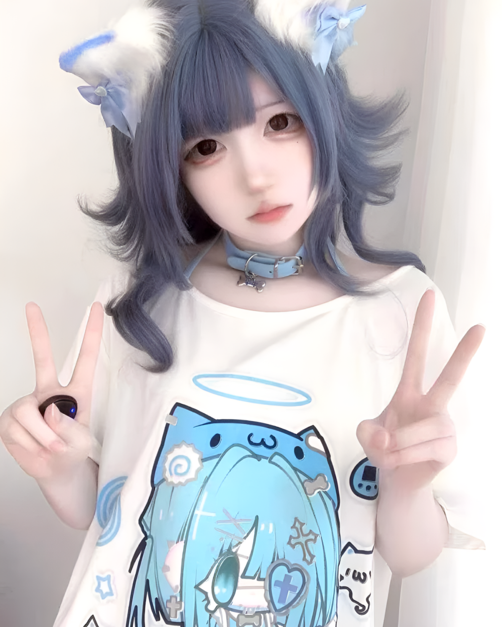 Model wearing a Blue Cat Girl T-Shirt featuring a cute anime character print.