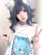 Model wearing a Blue Cat Girl T-Shirt featuring a cute anime character print.