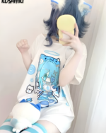 Model wearing a Blue Cat Girl T-Shirt featuring Albedo and a cute cat design.