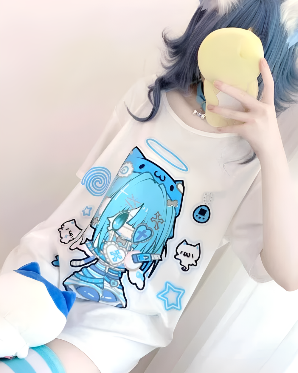 White Blue Cat Girl T-Shirt featuring a cute anime character print.