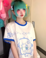 Model wearing a Blue Girl T-Shirt with a kawaii design.