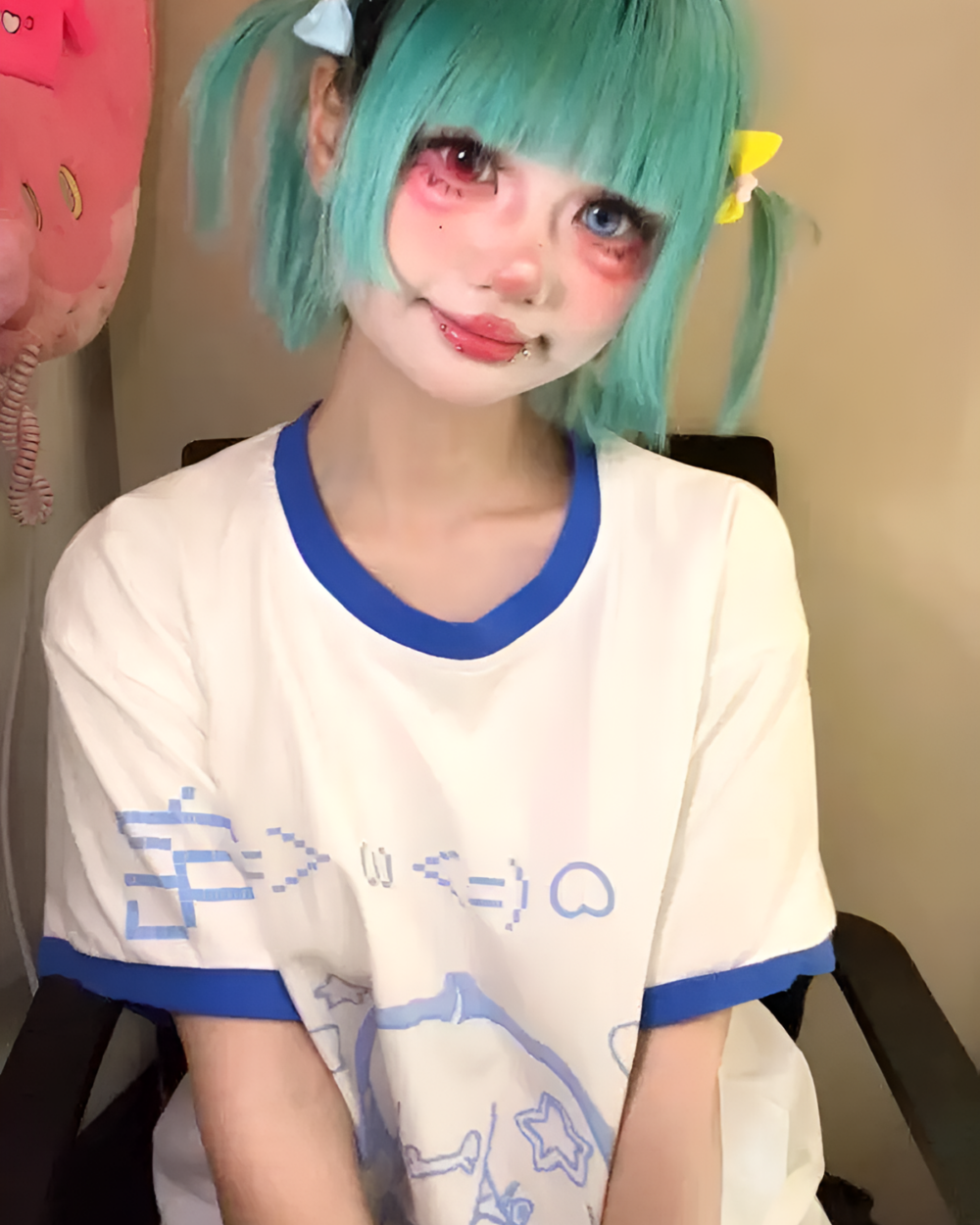 Person wearing a Blue Girl T-Shirt - Cutecore Aesthetic with a blue wig.