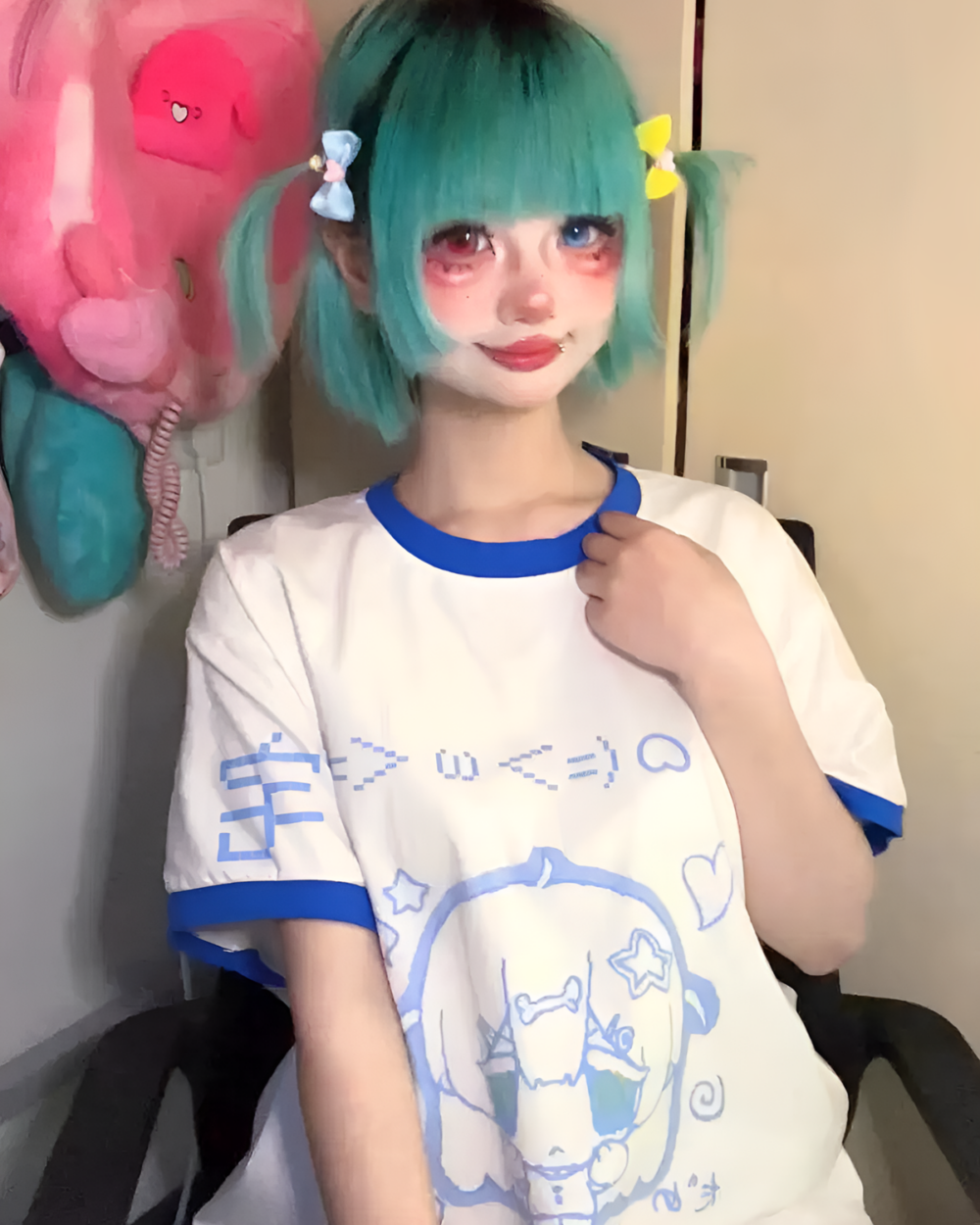 Person wearing a Blue Girl T-Shirt - Cutecore Aesthetic, featuring a graphic design.
