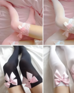 Bowknot Thigh Highs in pink and black, featuring delicate bow accents and lace trim.