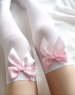 White Bowknot Thigh Highs with pink bows, soft girl aesthetic.