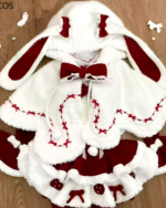 White and red Bunny Christmas Set, fluffy Dollette aesthetic with bow details.
