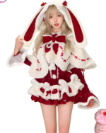Bunny Christmas Set featuring a young woman in a fluffy, red and white winter outfit with bunny ears.
