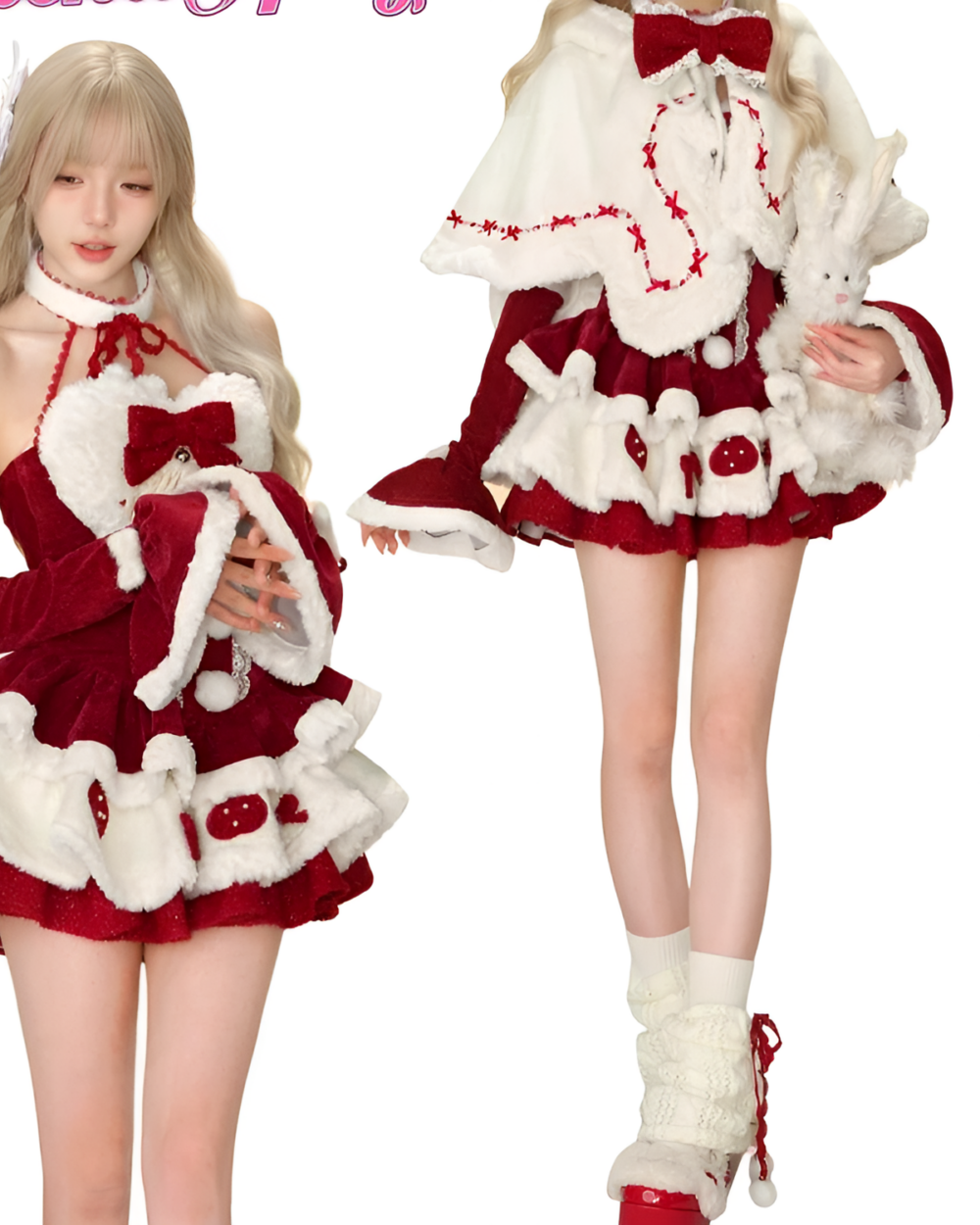 Bunny Christmas Set - Dollette Aesthetic featuring a model wearing a fluffy red and white winter outfit.