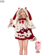 Model wearing a Bunny Christmas Set - Dollette Aesthetic, featuring a red and white fluffy outfit.