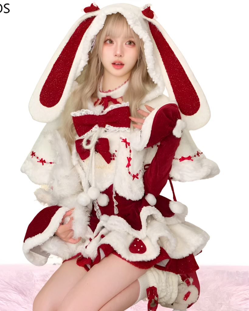 Bunny Christmas Set featuring a girl in a fluffy hooded outfit with red and white accents.
