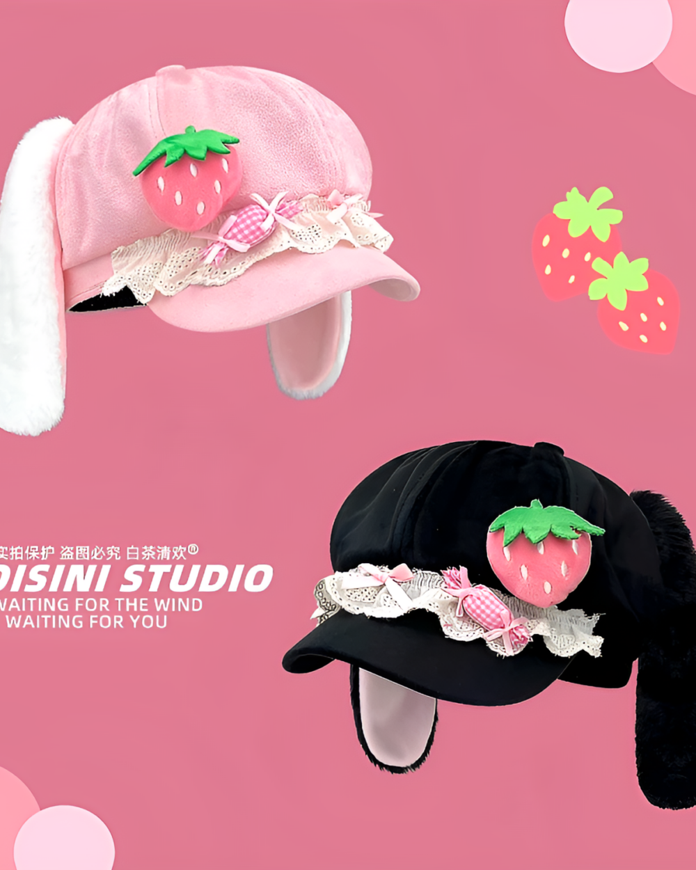 COISINI STUDIO strawberry bunny cap hat with strawberry and floral accents, earmuffs.