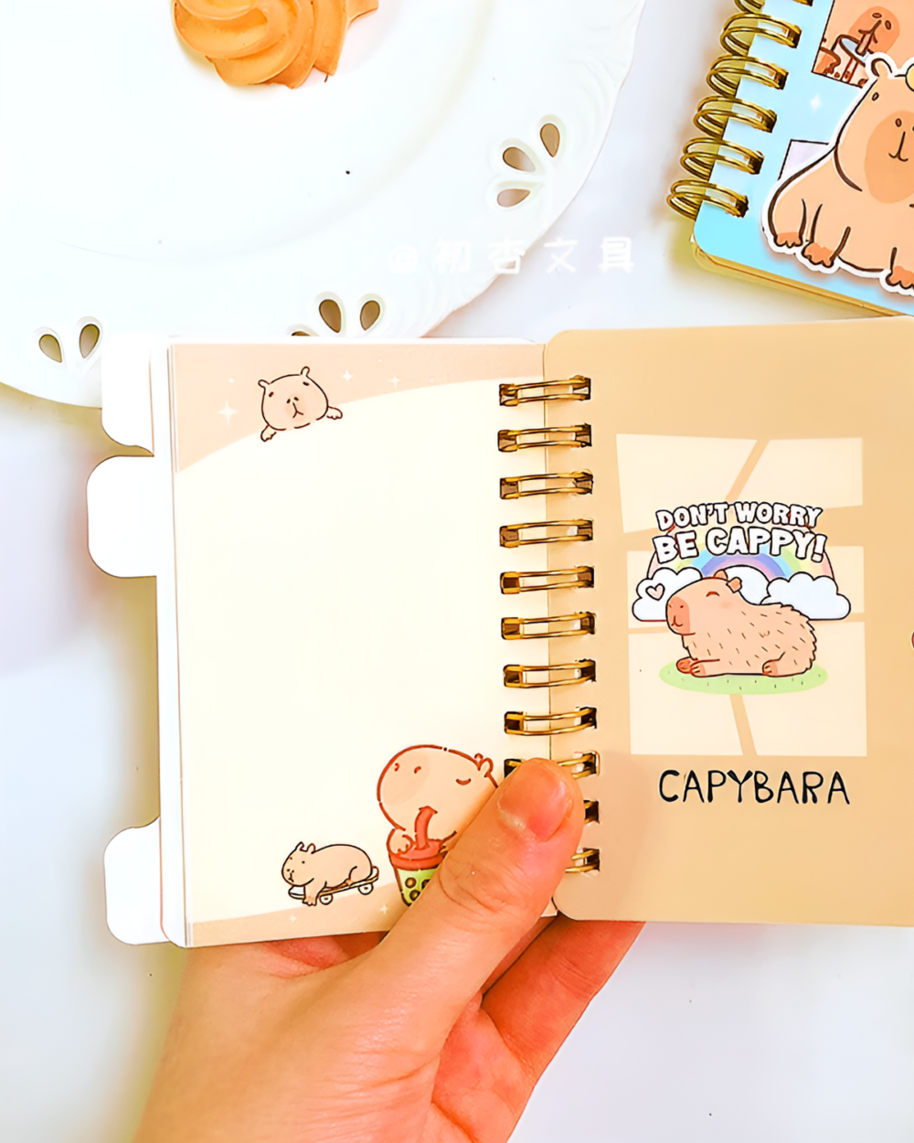 Close-up of a spiral-bound Capybara Notebook featuring illustrations and text.
