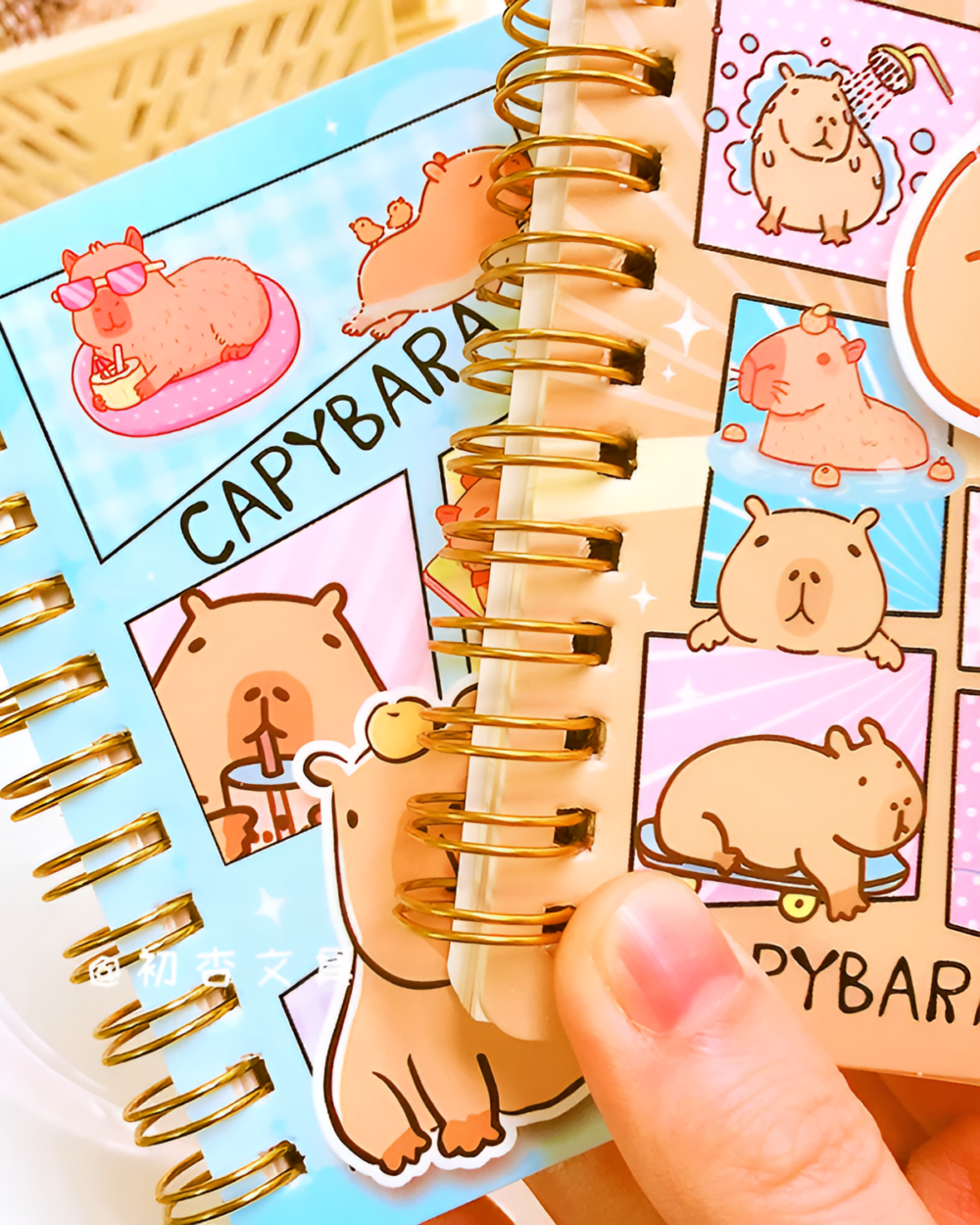 Close-up of a Capybara Notebook, featuring cute capybara illustrations and a spiral binding.