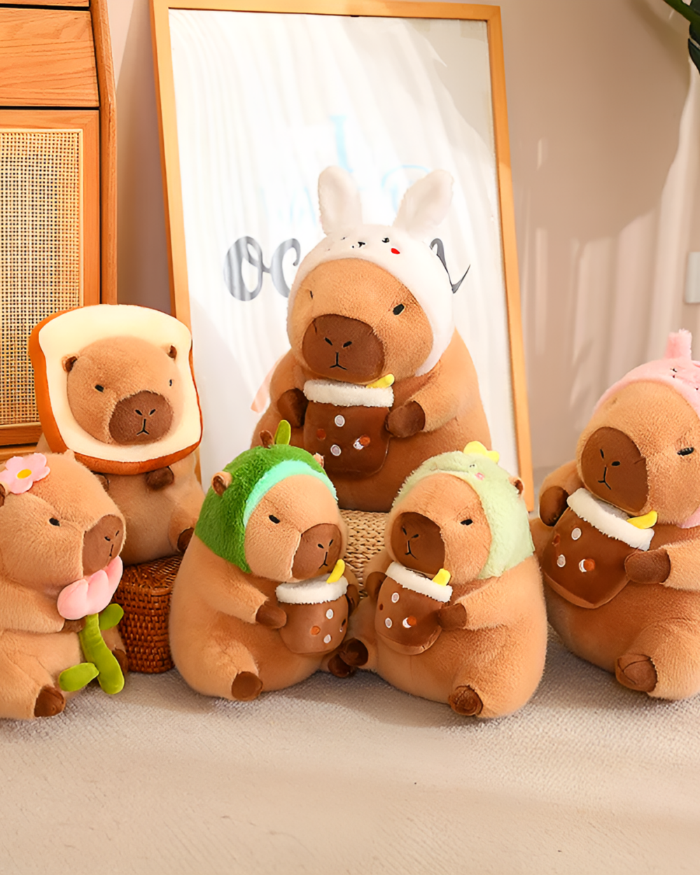 Group of Capybara Plushies - Nature Explorer Edition, styled as different plants and food items.