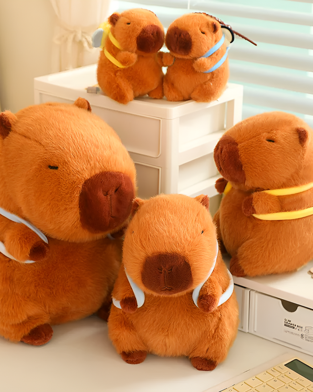 Four cute capybara plushies from the Nature Explorer Edition are displayed. Soft brown capybara plushie toys.