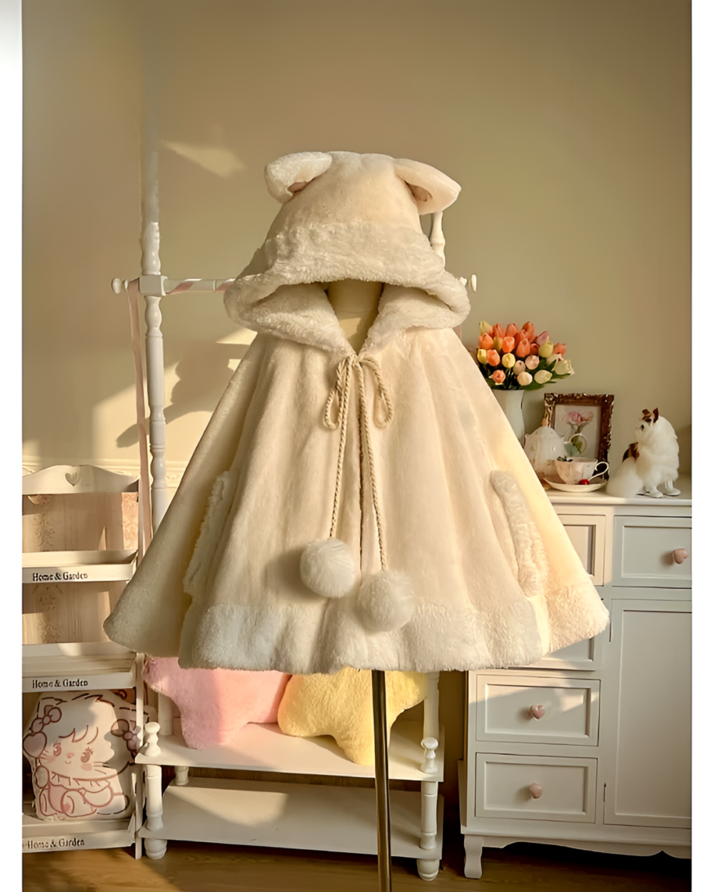 Cream Cat Eared Winter Cloak displayed on a mannequin with a soft, furry hood and tie closure. Ideal for cold weather.