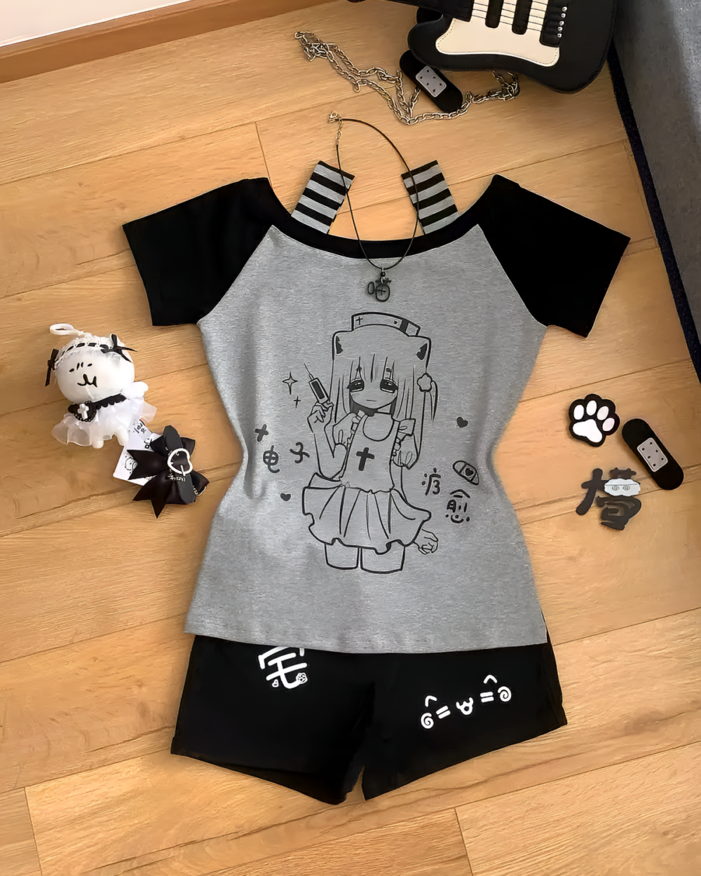 Cat Girl Nurse T-Shirt featuring a kawaii anime nurse design on a black and gray shirt.