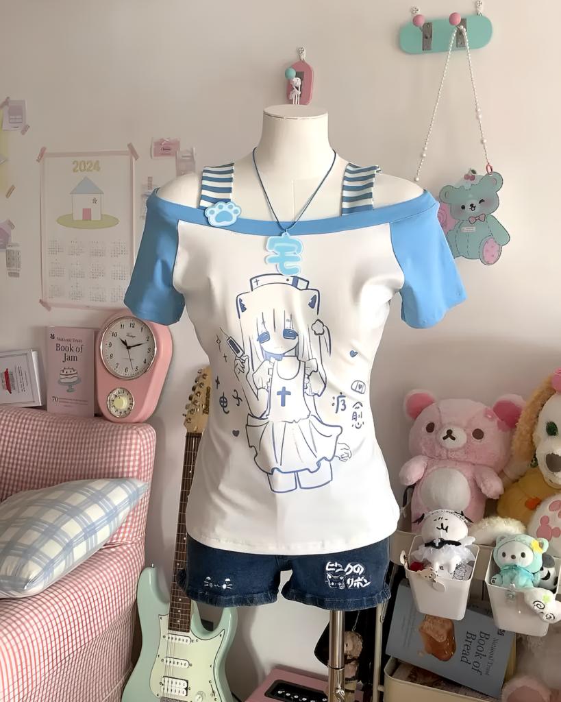 Cat Girl Nurse T-Shirt featuring a cute anime design with paw prints and accessories.
