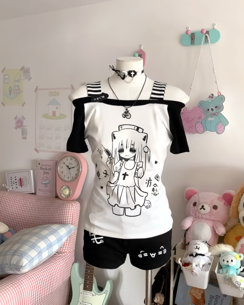 Cat Girl Nurse T-Shirt on a mannequin with accessories.