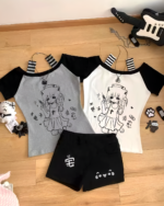 Set of Cat Girl Nurse T-Shirts featuring anime-style artwork on black and white raglan tees.