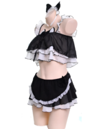 Black and white Cat Girl Swimsuit - Soft Girl Edition with ruffled skirt and headband.