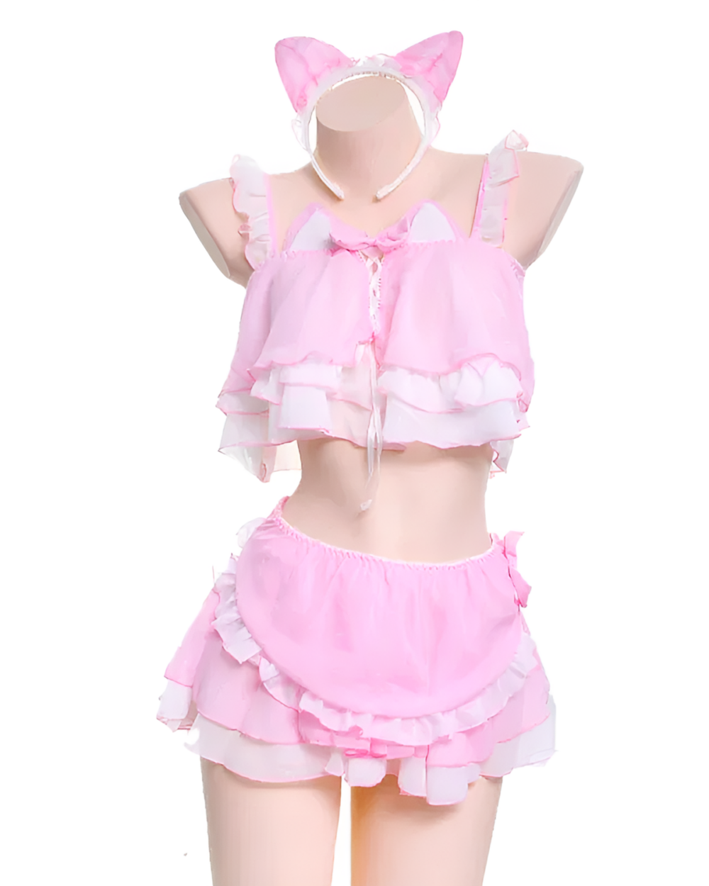 Pink Cat Girl Swimsuit - Soft Girl Edition with ears and ruffled skirt.