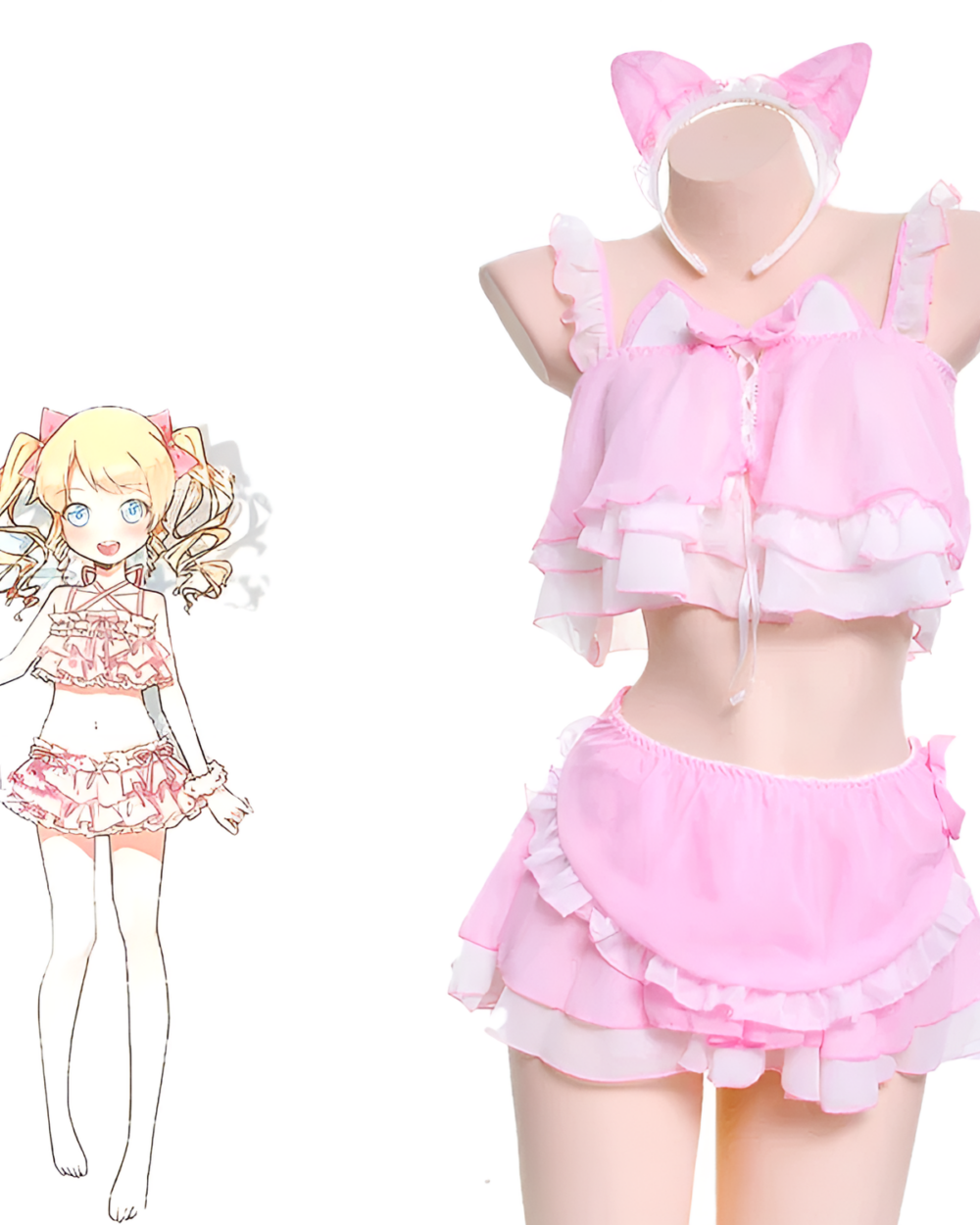 Pink Cat Girl Swimsuit - Soft Girl Edition, featuring a bikini and cat ears headband.