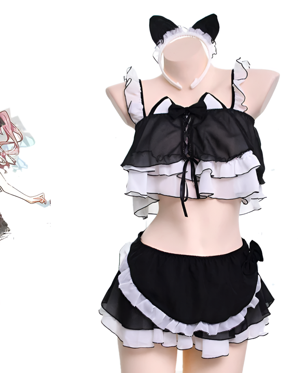 Black and white Cat Girl Swimsuit - Soft Girl Edition with ears and ruffled skirt.