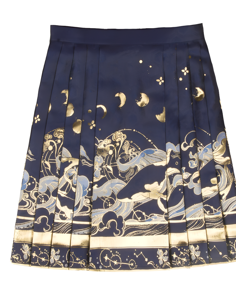 Dark blue celestial pleated skirt with gold wave and moon details. Flowing, pleated fabric.