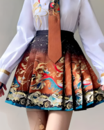 Woman wearing a white blouse and a brown and black celestial pleated skirt with a swirling galaxy print.